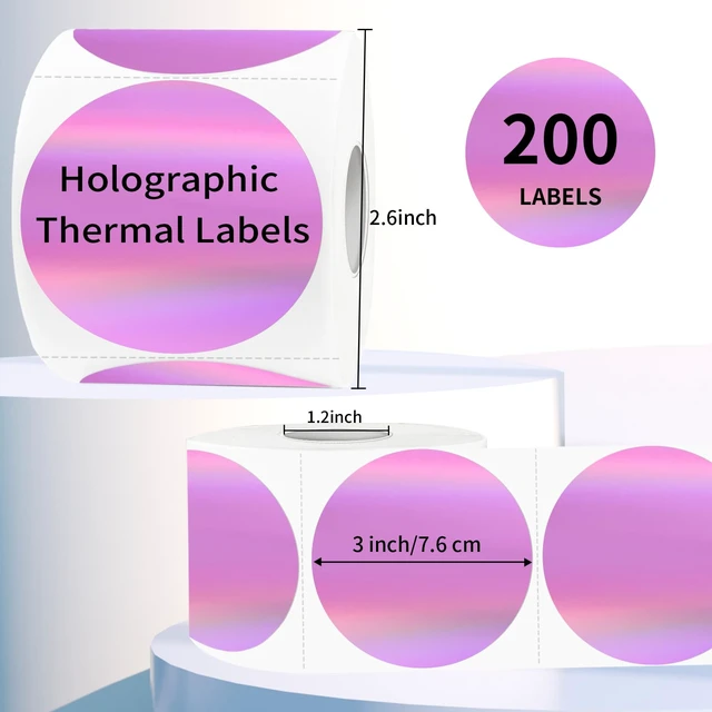 Alt view image 2 of 6 - 3" Holographic Direct Thermal Label Stickers, Round Printable Rainbow Glitter Thermal Printer Sticker Labels for Gift Wrapping, Self-Adhesive DIY Custom Logo Design- Holographic Pink