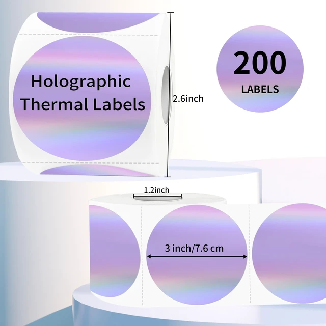 Alt view image 2 of 6 - 3" Holographic Direct Thermal Label Stickers, Round Printable Rainbow Glitter Thermal Printer Sticker Labels for Gift Wrapping, Self-Adhesive DIY Custom Logo Design- Holographic Purple