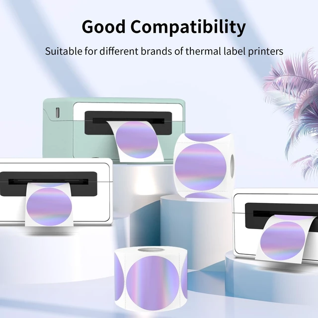 Alt view image 3 of 6 - 3" Holographic Direct Thermal Label Stickers, Round Printable Rainbow Glitter Thermal Printer Sticker Labels for Gift Wrapping, Self-Adhesive DIY Custom Logo Design- Holographic Purple