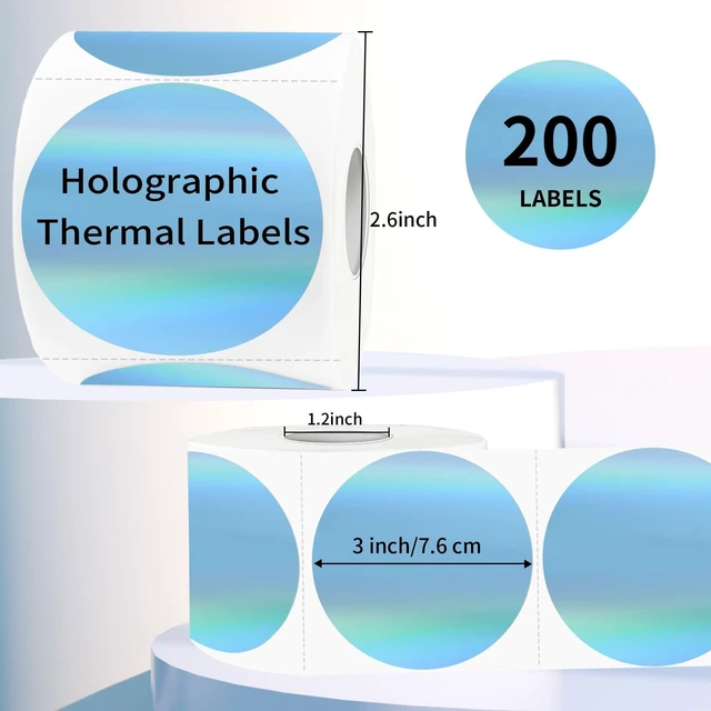 Alt view image 2 of 6 - 3" Holographic Direct Thermal Label Stickers, Round Printable Rainbow Glitter Thermal Printer Sticker Labels for Gift Wrapping, Self-Adhesive DIY Custom Logo Design- Holographic Blue
