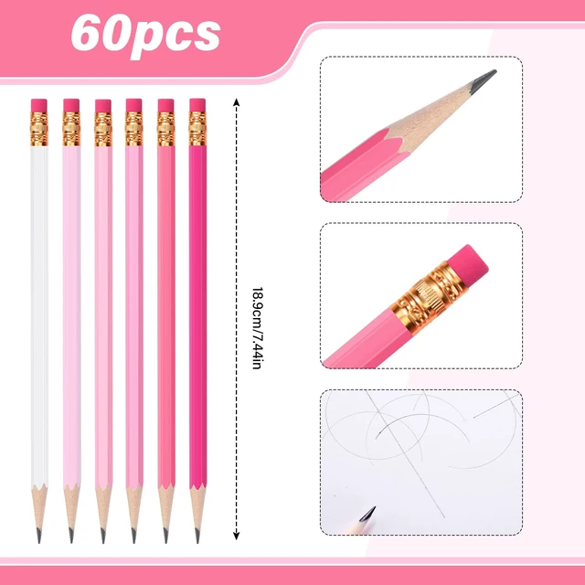 Alt view image 3 of 7 - 60 Pcs HB Pencils #2 Unsharpened Wood, Pink Series, White Wood Cased with Pink Eraser, HB Graphite for School Exam Office, Blank Bulk Sketching Learning, Great Students Kids Adults