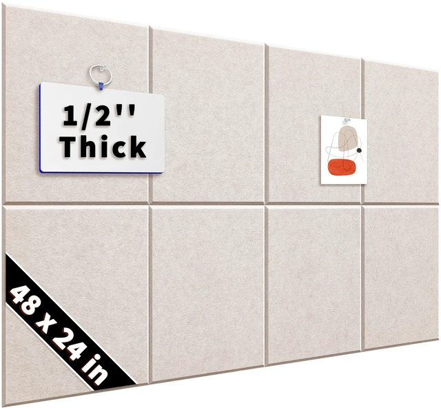 Main image of 1/2'' Thick Cork-Bulletin Board Felt Wall Tiles Squares 12 x 12 in 1700g/m² High Density Felt Pin Boards for Walls, Adhesive, Frameless, Modular, Renter Friendly, Removable, Light Color, 8Pcs