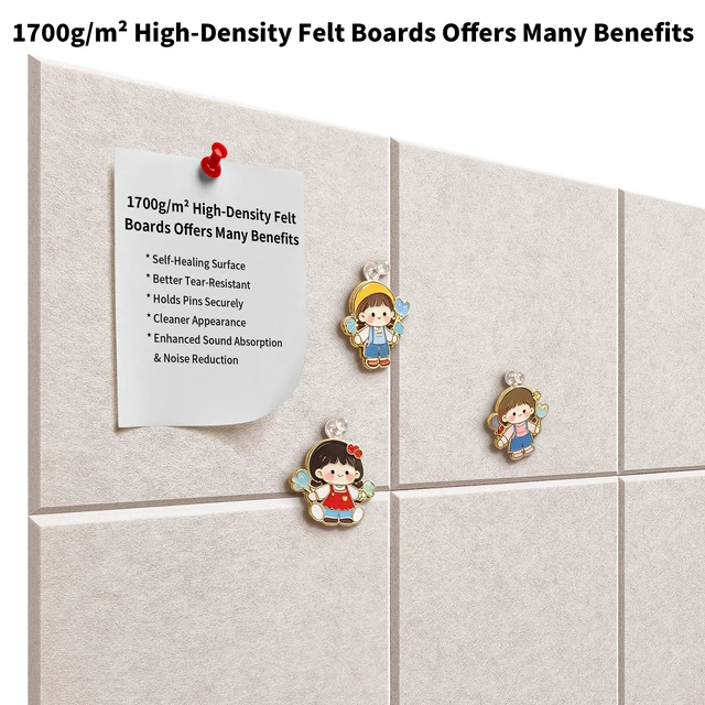 Alt view image 6 of 7 - 1/2'' Thick Cork-Bulletin Board Felt Wall Tiles Squares 12 x 12 in 1700g/m² High Density Felt Pin Boards for Walls, Adhesive, Frameless, Modular, Renter Friendly, Removable, Light Color, 8Pcs