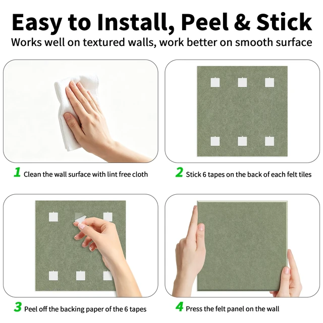 Alt view image 7 of 7 - 1/2'' Thick Felt Bulletin Cork Board Tiles for Walls Self Adhesive Frameless Corkboard Alternative, 1700g/m² Dense Felt Board Squares, Renter Friendly, Removable, Sage, 8 Pack 12x12 in