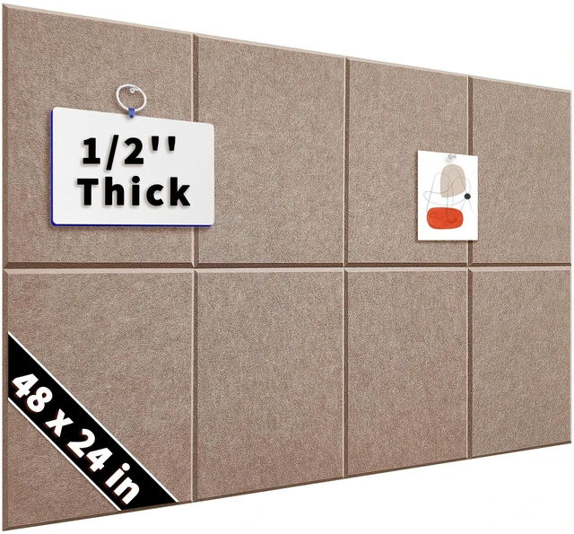 Main image of 1/2'' Ultra Thick Felt Bulletin Pin Board Corkboard for Office Wall Half Inch Dense Polyester Felt Board, Frameless, Modular, Zero Crumbling, Removable Adhesive Tabs, 8 Pack 12'' Squares Tiles