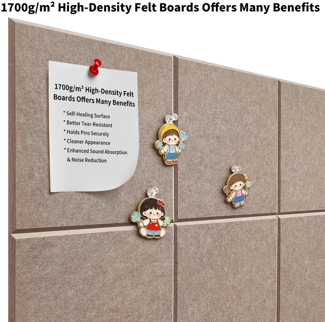 Alt view image 6 of 7 - 1/2'' Ultra Thick Felt Bulletin Pin Board Corkboard for Office Wall Half Inch Dense Polyester Felt Board, Frameless, Modular, Zero Crumbling, Removable Adhesive Tabs, 8 Pack 12'' Squares Tiles