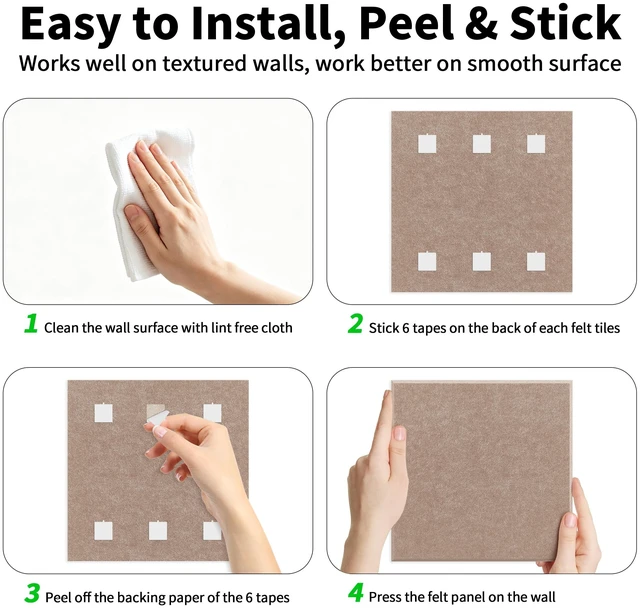 Alt view image 7 of 7 - 1/2'' Ultra Thick Felt Bulletin Pin Board Corkboard for Office Wall Half Inch Dense Polyester Felt Board, Frameless, Modular, Zero Crumbling, Removable Adhesive Tabs, 8 Pack 12'' Squares Tiles