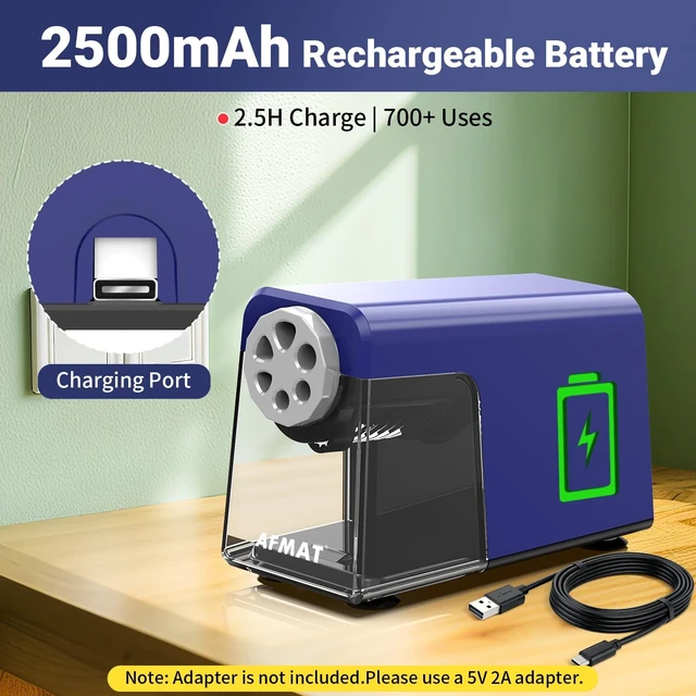 Alt view image 6 of 7 - PSD1 6-Hole Electric Pencil Sharpener, Cordless & Rechargeable, Pencil Sharpener for Classroom, Heavy Duty Pencil Sharpeners for 6-11mm Pencils, Auto Stop, Super Fast, 10,000+ Sharpenings