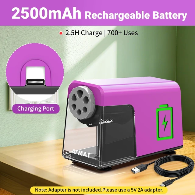 Alt view image 6 of 7 - PSD1 6-Hole Electric Pencil Sharpener, Cordless & Rechargeable, Colored Pencil Sharpener for 6-11mm Pencils, Auto Stop, Super Fast, 10,000+ Sharpenings, Battery Powered for Classroom/Home/Office