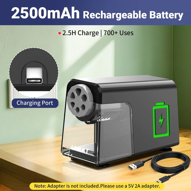 Alt view image 6 of 7 - PSD1 6-Hole Electric Pencil Sharpener for Classroom, Cordless & Rechargeable, Heavy Duty Pencil Sharpeners for 6-11mm Colored Pencils, Auto Stop, Super Fast, 10,000+ Sharpenings, Battery Powered