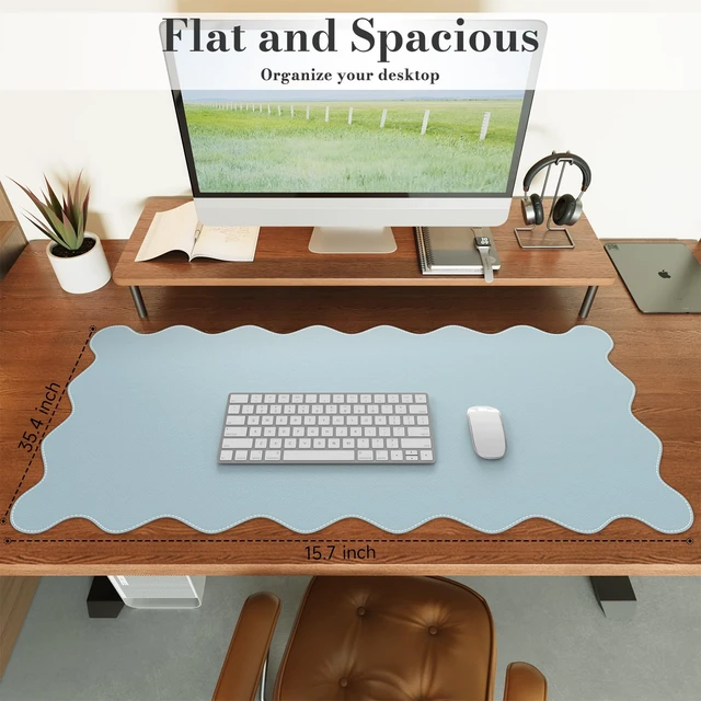 Alt view image 2 of 7 - Blue Scalloped Mouse Mat, 35.4"x15.7" Computer Mat for Office Adorable Non-Slip Base Scalloped Mousepad for Home, Floral Desk Pad Stitched Edges for Study Office Computer Setup