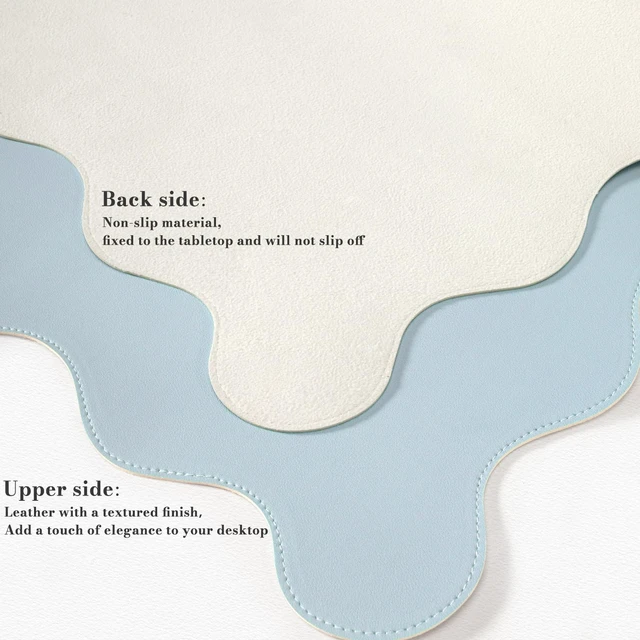Alt view image 5 of 7 - Blue Scalloped Mouse Mat, 35.4"x15.7" Computer Mat for Office Adorable Non-Slip Base Scalloped Mousepad for Home, Floral Desk Pad Stitched Edges for Study Office Computer Setup