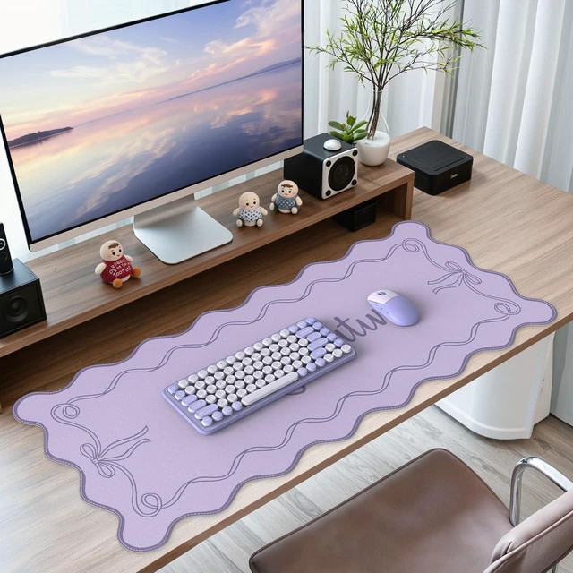 Main image of Purple Office Decor for Women, Scalloped Desk Cover Mat Large Mouse Pad, Leather Waterproof Accessories Blotter, Non-Slip Mousepad for Organizer Office Dorm Supplies Teacher Girly