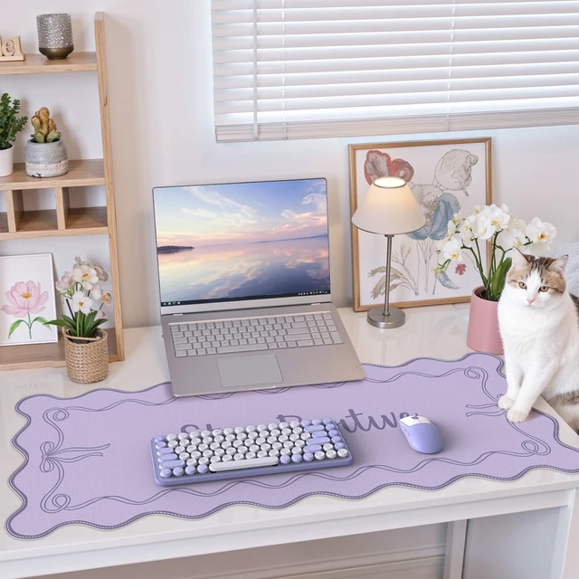 Alt view image 6 of 7 - Purple Office Decor for Women, Scalloped Desk Cover Mat Large Mouse Pad, Leather Waterproof Accessories Blotter, Non-Slip Mousepad for Organizer Office Dorm Supplies Teacher Girly