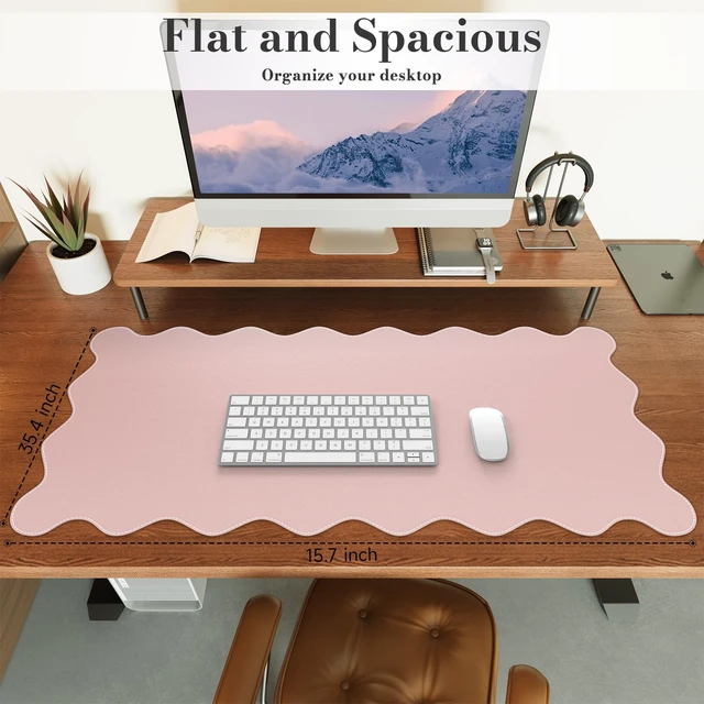 Alt view image 2 of 7 - Pink Scalloped Table Mat, 35.4"x15.7" Desk Pad for Workspace Scalloped Mousepad Featuring Stitched Edges and Non-Slip Base, Charming Floral Desk Pad for Teacher Cubicle Workspace