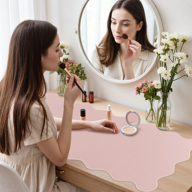 Alt view image 7 of 7 - Pink Scalloped Table Mat, 35.4"x15.7" Desk Pad for Workspace Scalloped Mousepad Featuring Stitched Edges and Non-Slip Base, Charming Floral Desk Pad for Teacher Cubicle Workspace