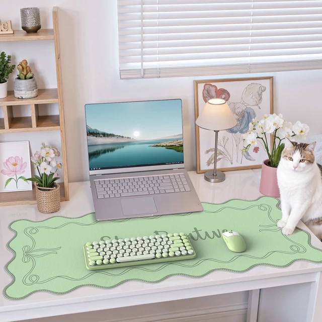 Alt view image 6 of 7 - Green Scalloped Desk Cover Mat, X-Large Mouse Pad PU Leather Desk Pad Mat,Waterproof Writing Blotter for Desktop, Non-Slip XL Mousepad for Computer Office Dorm-Bow