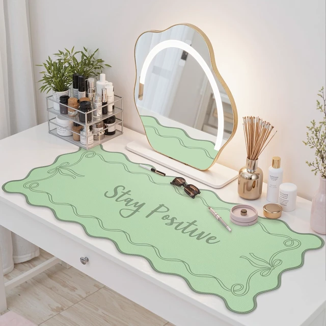 Alt view image 7 of 7 - Green Scalloped Desk Cover Mat, X-Large Mouse Pad PU Leather Desk Pad Mat,Waterproof Writing Blotter for Desktop, Non-Slip XL Mousepad for Computer Office Dorm-Bow