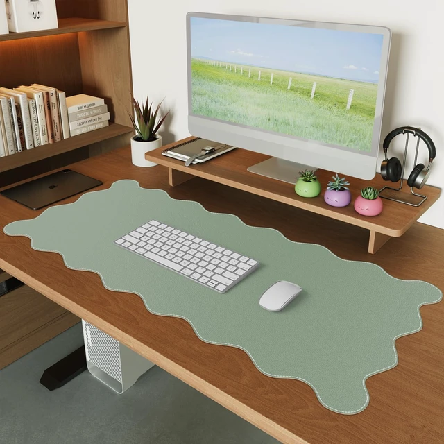 Main image of Keyboard Mat for Classroom, Green 35.4"x15.7" Desk Protector Modern Non-Slip Base Scalloped Mousepad for Study, Floral Desk Pad Stitched Edges for Travel Computer Work Station