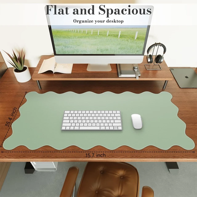 Alt view image 2 of 7 - Keyboard Mat for Classroom, Green 35.4"x15.7" Desk Protector Modern Non-Slip Base Scalloped Mousepad for Study, Floral Desk Pad Stitched Edges for Travel Computer Work Station
