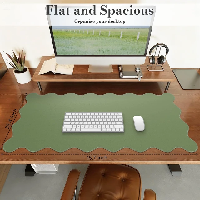 Alt view image 2 of 7 - Dark Green Desk Mat 35.4"x15.7", Desk Protector for Students Chic Non-Slip Base Scalloped Mousepad for Classroom, Floral Desk Pad Stitched Edges for Cubicle Home Computer Setup