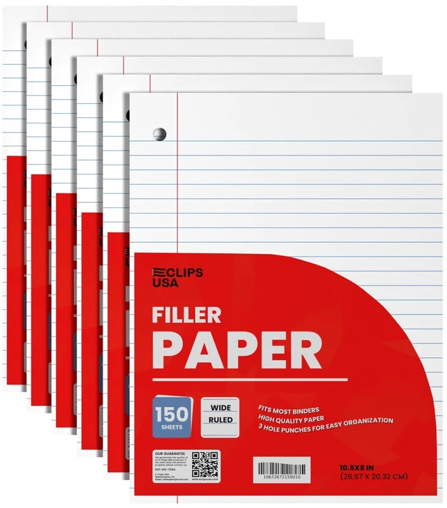 Main image of Wide Ruled Loose Leaf Paper Wide Ruled Notebook Paper Lined Writing Filler Paper 10.5 x 8 56 gsm 900 Sheets 150 Sheet Per Pack (6 Pack)