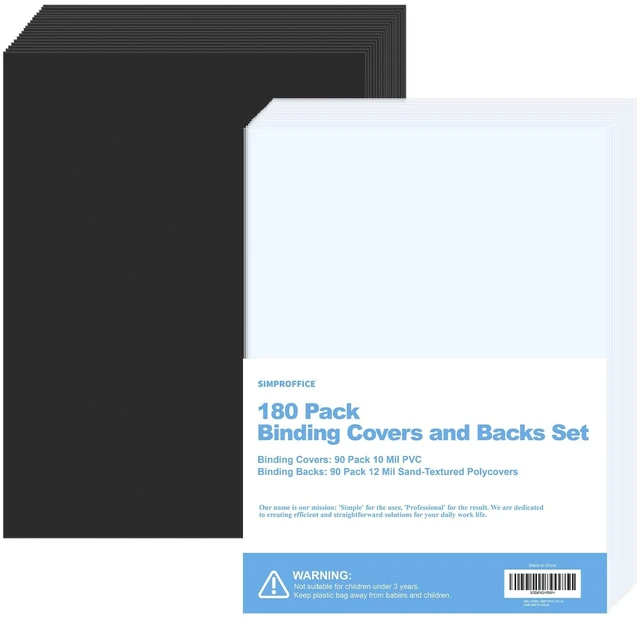 Main image of 180 Pack Binding Covers and Backs, 10/12 Mil, 8.5X11" Includes 90 Clear 10 Mil PVC Fronts and 90 Black 12 Mil Sand-Textured Backs for Letter Size