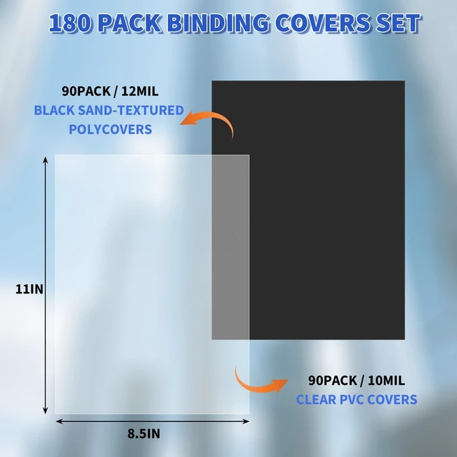 Alt view image 2 of 7 - 180 Pack Binding Covers and Backs, 10/12 Mil, 8.5X11" Includes 90 Clear 10 Mil PVC Fronts and 90 Black 12 Mil Sand-Textured Backs for Letter Size