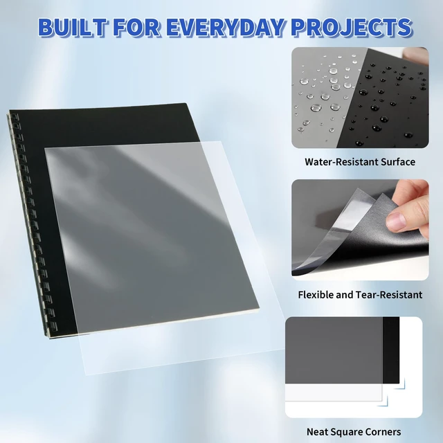 Alt view image 3 of 7 - 180 Pack Binding Covers and Backs, 10/12 Mil, 8.5X11" Includes 90 Clear 10 Mil PVC Fronts and 90 Black 12 Mil Sand-Textured Backs for Letter Size