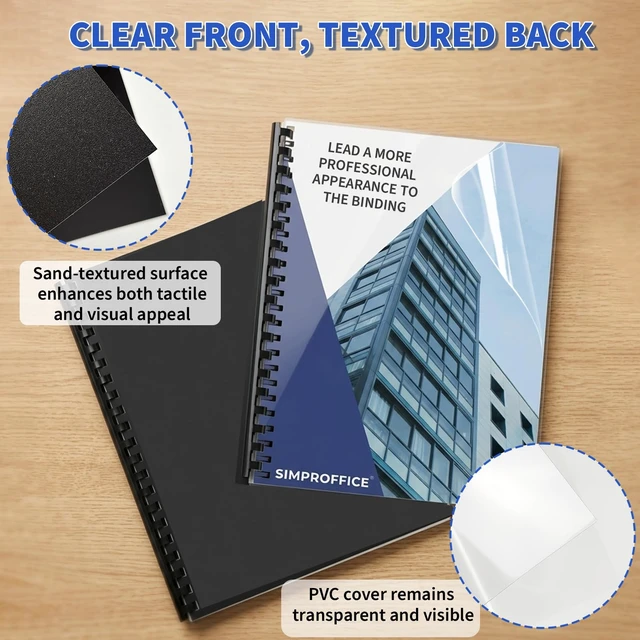 Alt view image 6 of 7 - 180 Pack Binding Covers and Backs, 10/12 Mil, 8.5X11" Includes 90 Clear 10 Mil PVC Fronts and 90 Black 12 Mil Sand-Textured Backs for Letter Size