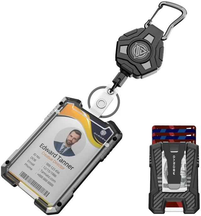 Main image of Retractable Badge Holders, Heavy Duty Retractable Keychain Tactical ID Card Holder (Holds 5 Cards), ID Badge Holders with Metal Clip, 31.5" Badge Reel