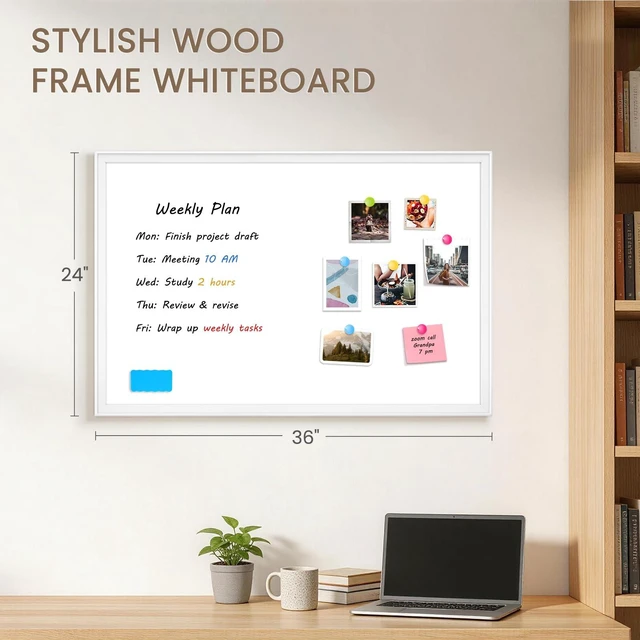 Alt view image 2 of 7 - Magnetic White Board for Wall, 36" x 24", Decorative Wooden Frame, White Dry Erase Board, Wall Mounted, Aesthetic Writing Board for Home, Office, School