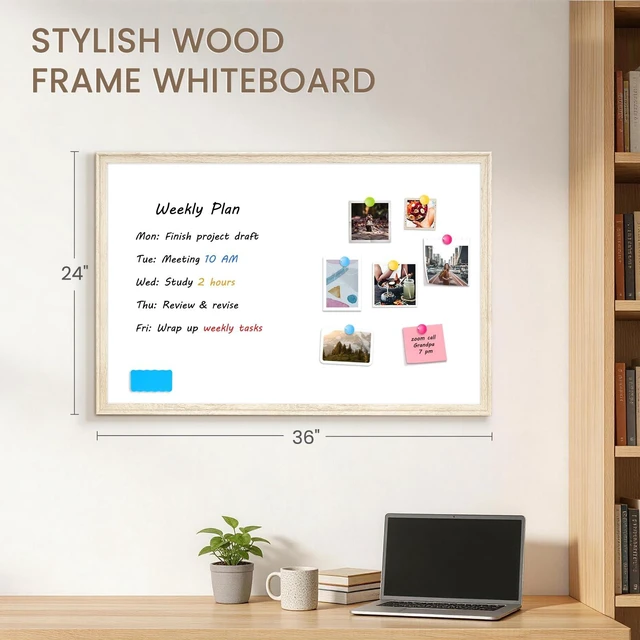 Alt view image 2 of 7 - Magnetic White Board for Wall, 36" x 24", Decorative Wooden Frame, Vintage Dry Erase Board, Wall Mounted, Aesthetic Writing Board for Home, Office, School