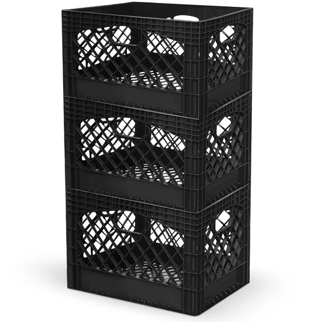 Main image of 3-Pack 24-Quart Heavy-Duty Plastic Stackable Milk Crates Open Bin Basket with Handles, Organizers for Home, Office, Dorm, and Car Organization, Black