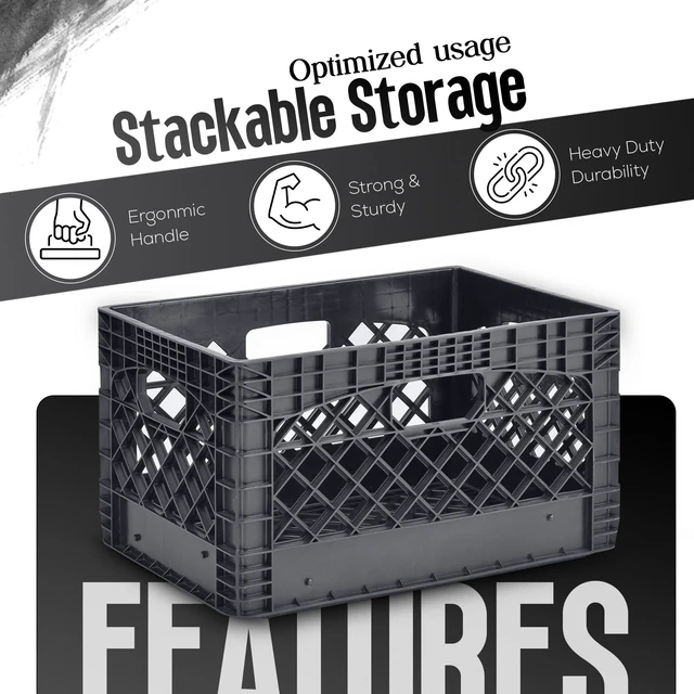 Alt view image 2 of 7 - 3-Pack 24-Quart Heavy-Duty Plastic Stackable Milk Crates Open Bin Basket with Handles, Organizers for Home, Office, Dorm, and Car Organization, Black