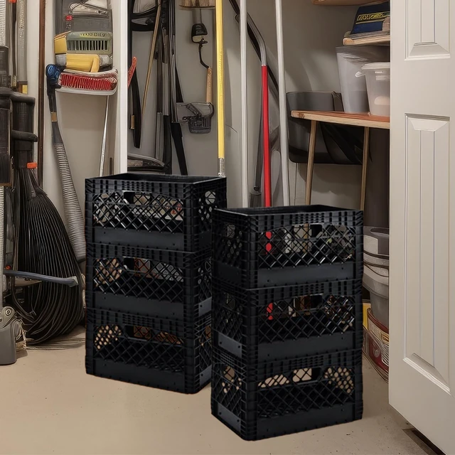 Alt view image 5 of 7 - 3-Pack 24-Quart Heavy-Duty Plastic Stackable Milk Crates Open Bin Basket with Handles, Organizers for Home, Office, Dorm, and Car Organization, Black