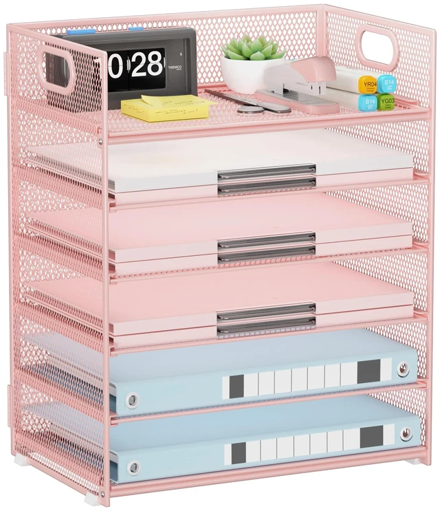 Main image of Pink Paper Organizer for Desk with Handle, 6-Tier Metal Mesh File Organizer, Stackable Desktop Organizer for Office Supplies & Stationery Storage