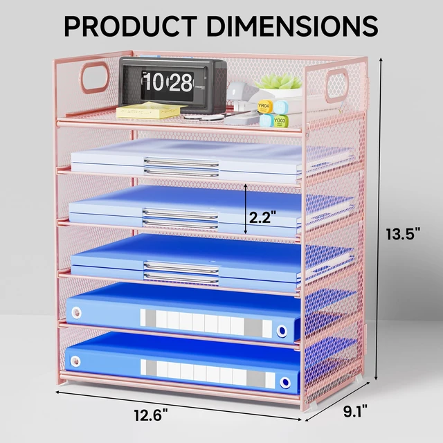 Alt view image 2 of 7 - Pink Paper Organizer for Desk with Handle, 6-Tier Metal Mesh File Organizer, Stackable Desktop Organizer for Office Supplies & Stationery Storage