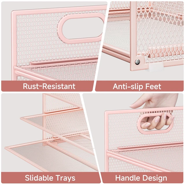 Alt view image 3 of 7 - Pink Paper Organizer for Desk with Handle, 6-Tier Metal Mesh File Organizer, Stackable Desktop Organizer for Office Supplies & Stationery Storage