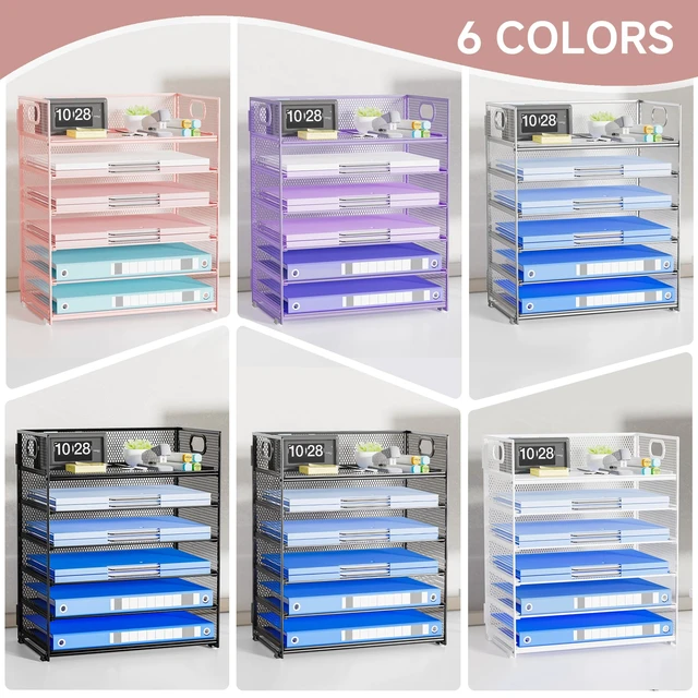 Alt view image 4 of 7 - Pink Paper Organizer for Desk with Handle, 6-Tier Metal Mesh File Organizer, Stackable Desktop Organizer for Office Supplies & Stationery Storage