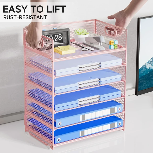 Alt view image 5 of 7 - Pink Paper Organizer for Desk with Handle, 6-Tier Metal Mesh File Organizer, Stackable Desktop Organizer for Office Supplies & Stationery Storage