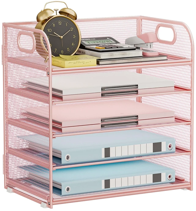 Main image of 5-Tier Stackable Paper Organizer with Handle, Pink Metal Mesh Letter Tray, Stylish Desk File Sorter for Office, Home & Classroom Supplies