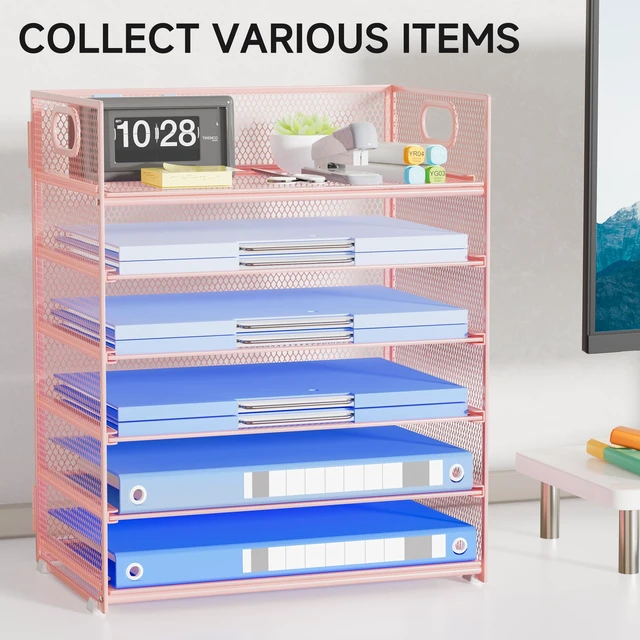 Alt view image 7 of 7 - Pink Paper Organizer for Desk with Handle, 6-Tier Metal Mesh File Organizer, Stackable Desktop Organizer for Office Supplies & Stationery Storage