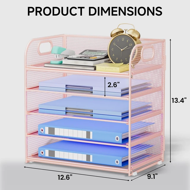 Alt view image 2 of 7 - 5-Tier Stackable Paper Organizer with Handle, Pink Metal Mesh Letter Tray, Stylish Desk File Sorter for Office, Home & Classroom Supplies