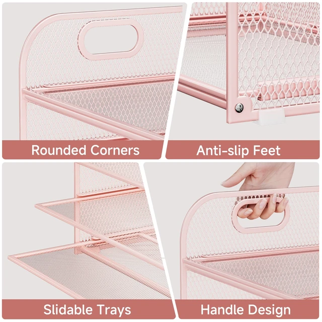 Alt view image 3 of 7 - 5-Tier Stackable Paper Organizer with Handle, Pink Metal Mesh Letter Tray, Stylish Desk File Sorter for Office, Home & Classroom Supplies