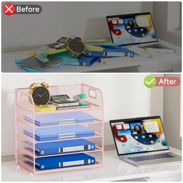 Alt view image 4 of 7 - 5-Tier Stackable Paper Organizer with Handle, Pink Metal Mesh Letter Tray, Stylish Desk File Sorter for Office, Home & Classroom Supplies