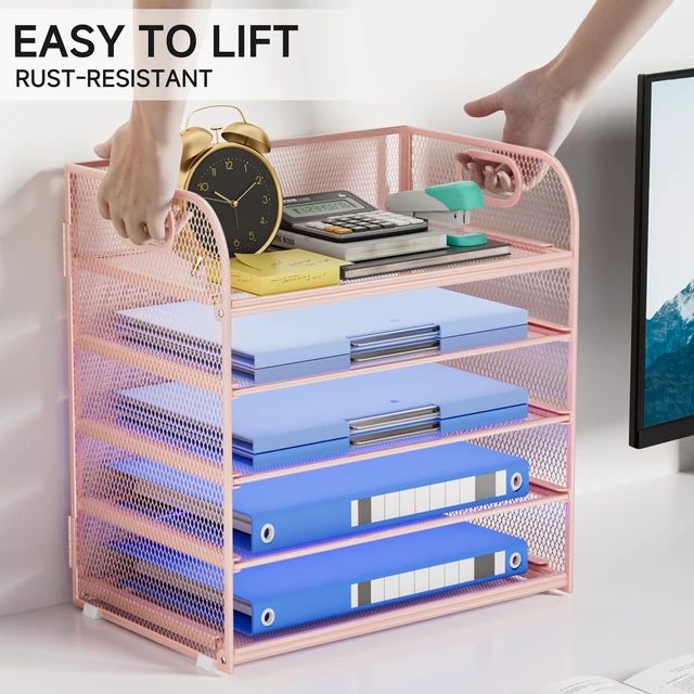 Alt view image 5 of 7 - 5-Tier Stackable Paper Organizer with Handle, Pink Metal Mesh Letter Tray, Stylish Desk File Sorter for Office, Home & Classroom Supplies