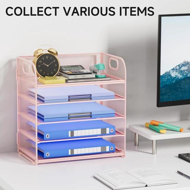 Alt view image 7 of 7 - 5-Tier Stackable Paper Organizer with Handle, Pink Metal Mesh Letter Tray, Stylish Desk File Sorter for Office, Home & Classroom Supplies