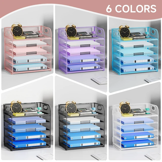 Alt view image 6 of 7 - 5-Tier Stackable Paper Organizer with Handle, Pink Metal Mesh Letter Tray, Stylish Desk File Sorter for Office, Home & Classroom Supplies