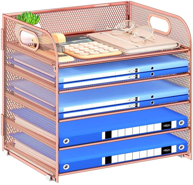 Main image of Paper Organizer Letter Tray with Handle Mesh 5 Trays Desk File Organizer Paper Sorter Desk Organizer for Office, Home or School-Rose Gold